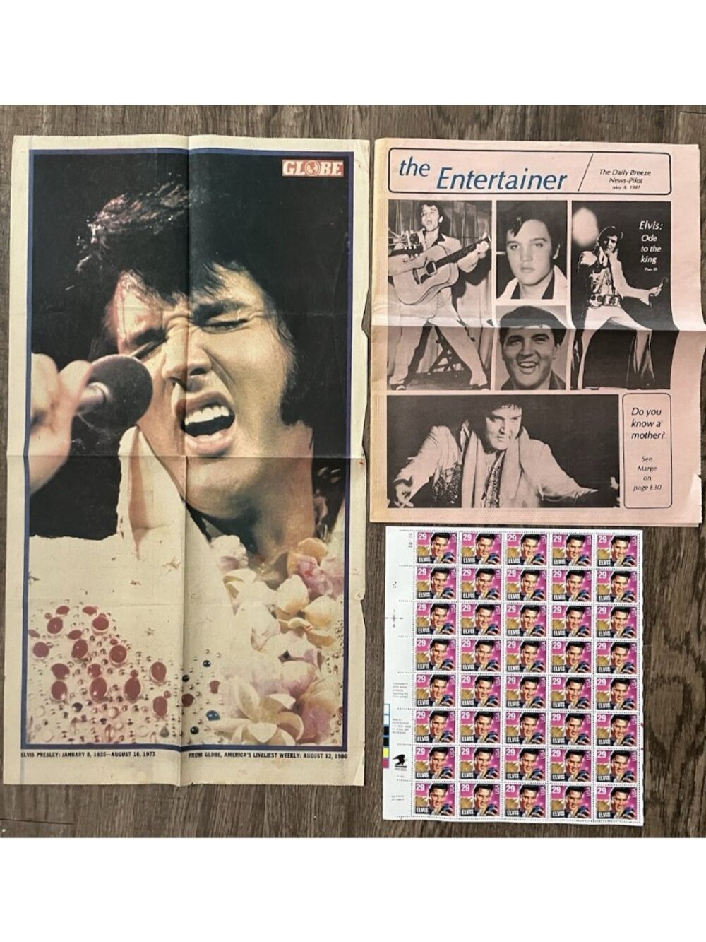 Elvis Presley Memorabilia Sheet 40 Stamps 2 Newspaper Front Page Vintage 1980